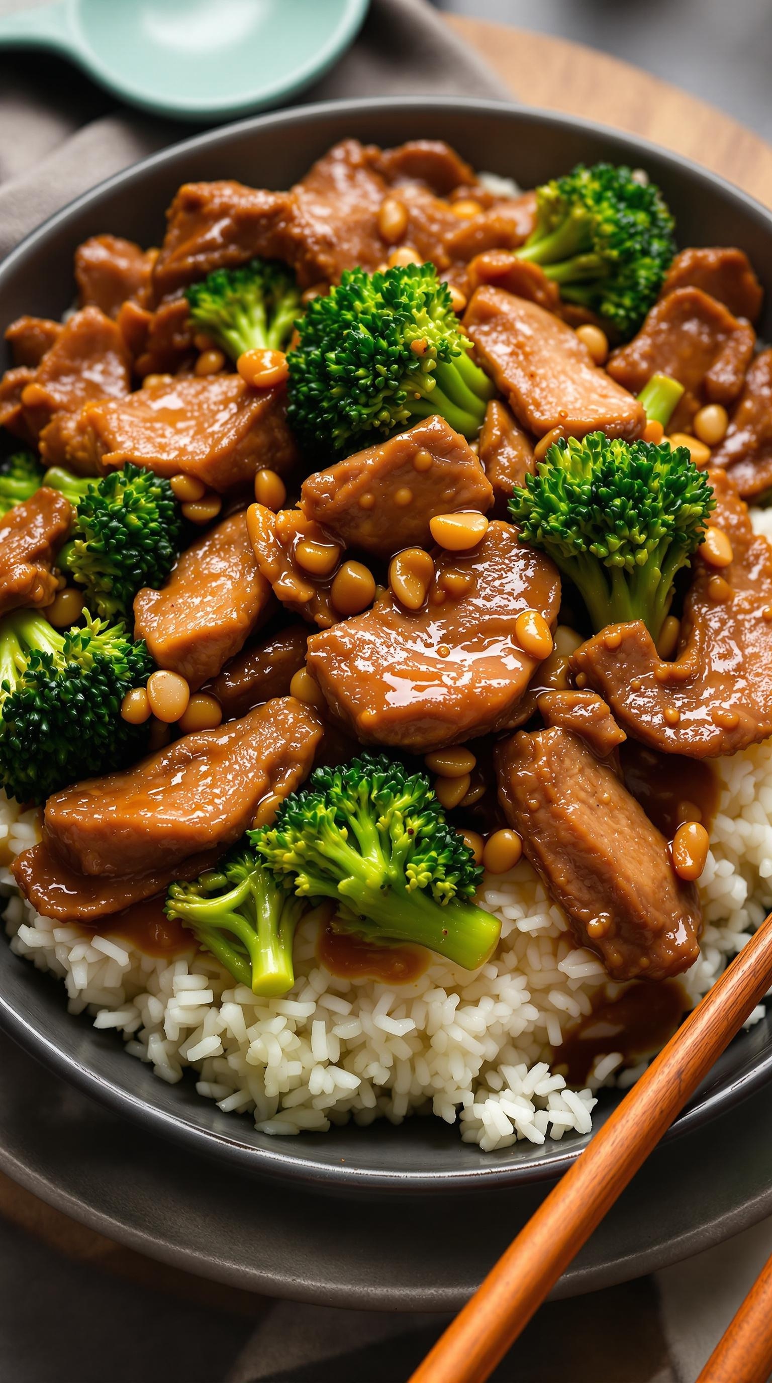A bowl of beef and broccoli served over rice, garnished with pine nuts.