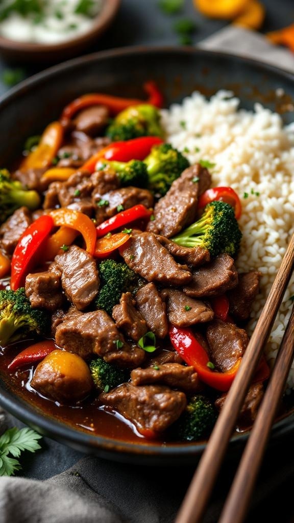 A colorful beef stir-fry with broccoli and bell peppers served over rice.
