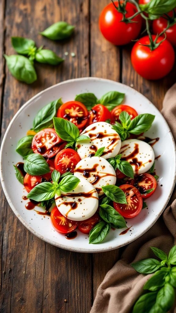 A vibrant Caprese salad with tomatoes, mozzarella, and basil drizzled with balsamic glaze on a rustic wooden table.