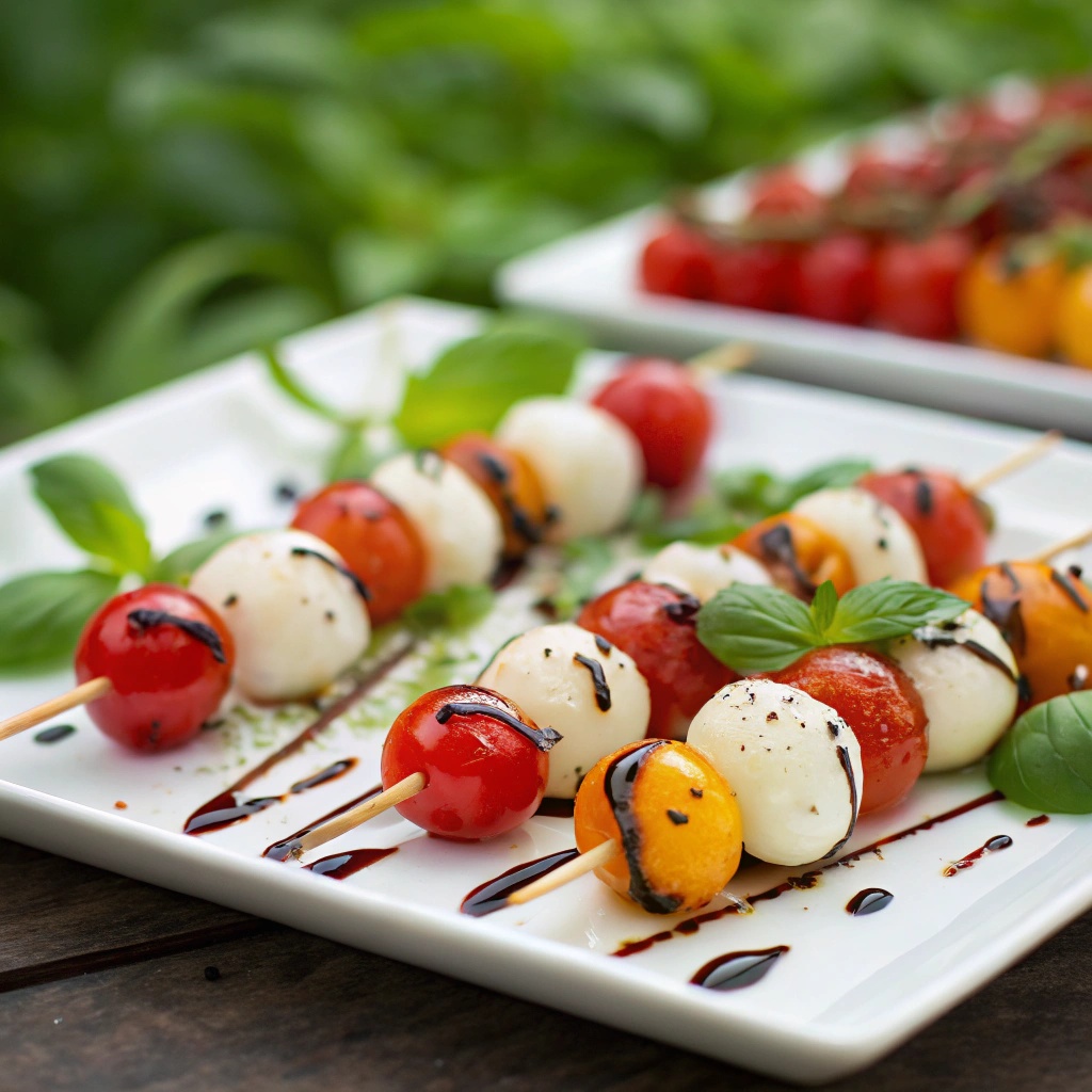 Colorful Caprese skewers with cherry tomatoes, mozzarella balls, and basil leaves drizzled with balsamic glaze.