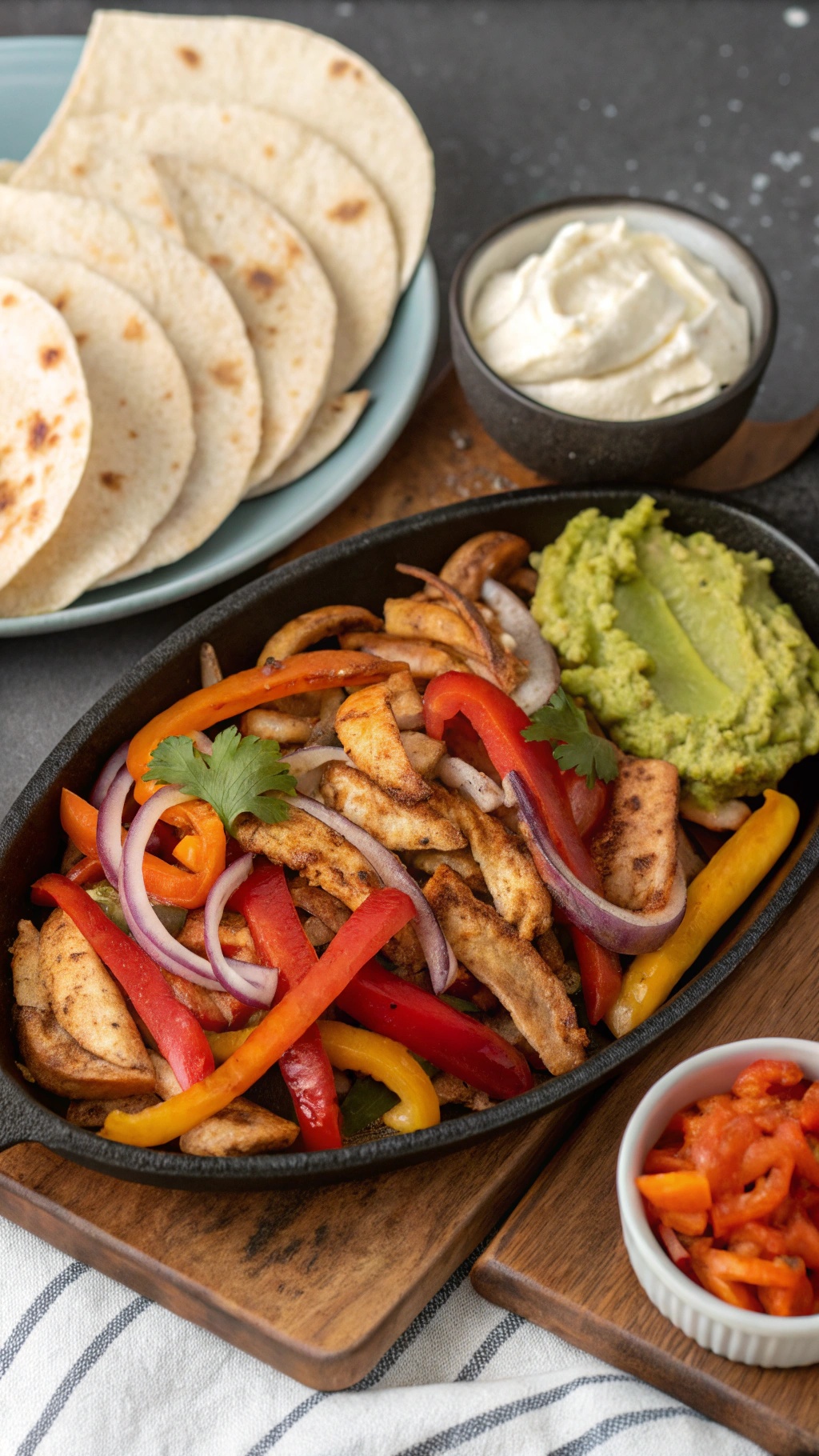 A plate of chicken fajitas with colorful peppers, tortillas, and sides of guacamole and sour cream.