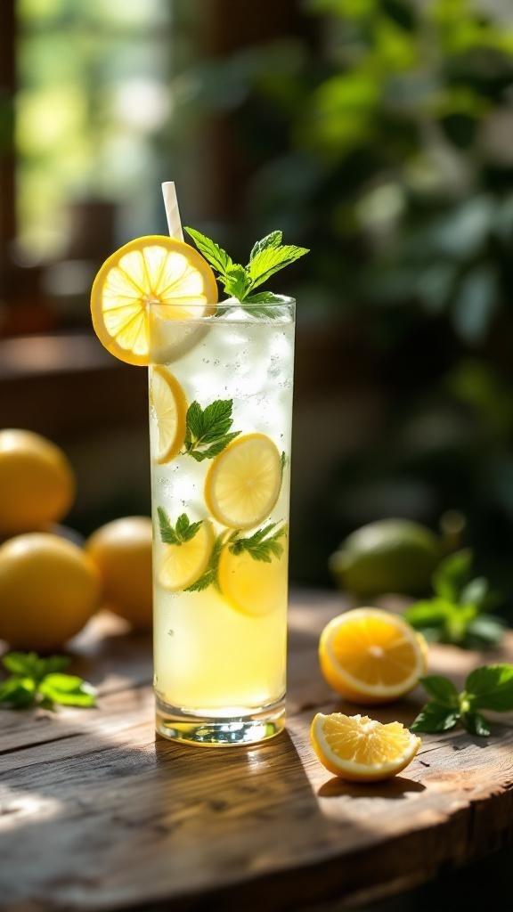 A refreshing glass of lemonade with lemon slices and mint leaves, surrounded by fresh lemons.
