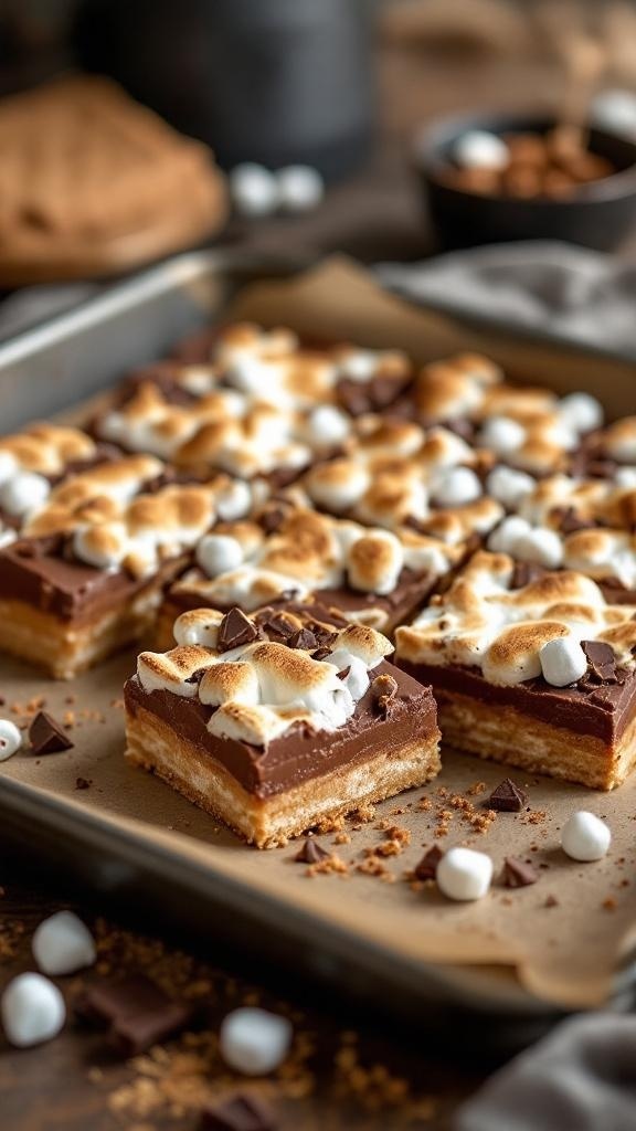 A tray of no-bake S'Mores bars topped with toasted marshmallows and chocolate chunks.