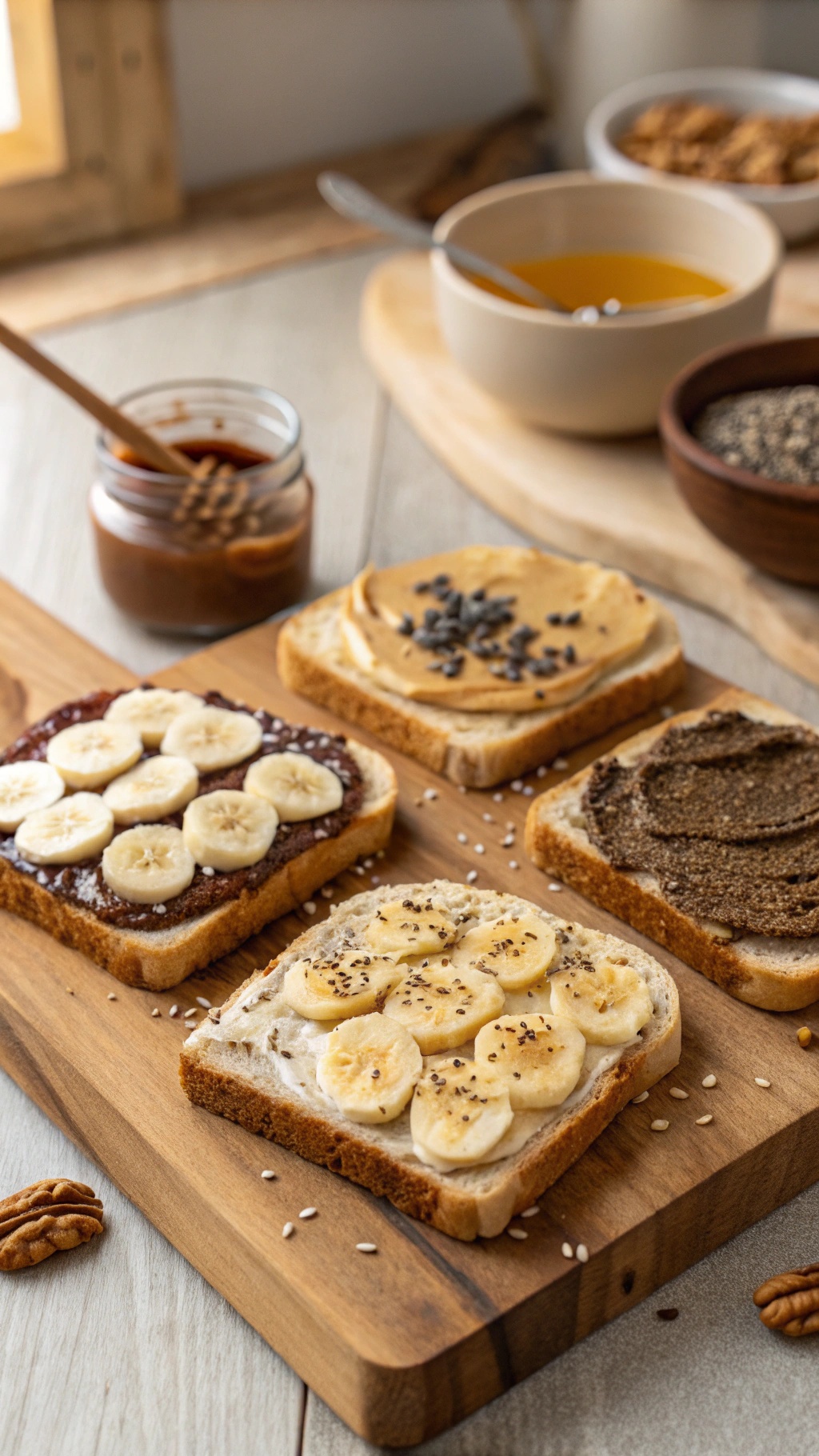 A wooden board with three variations of nut butter toast topped with banana slices, chia seeds, and dark chocolate chips.