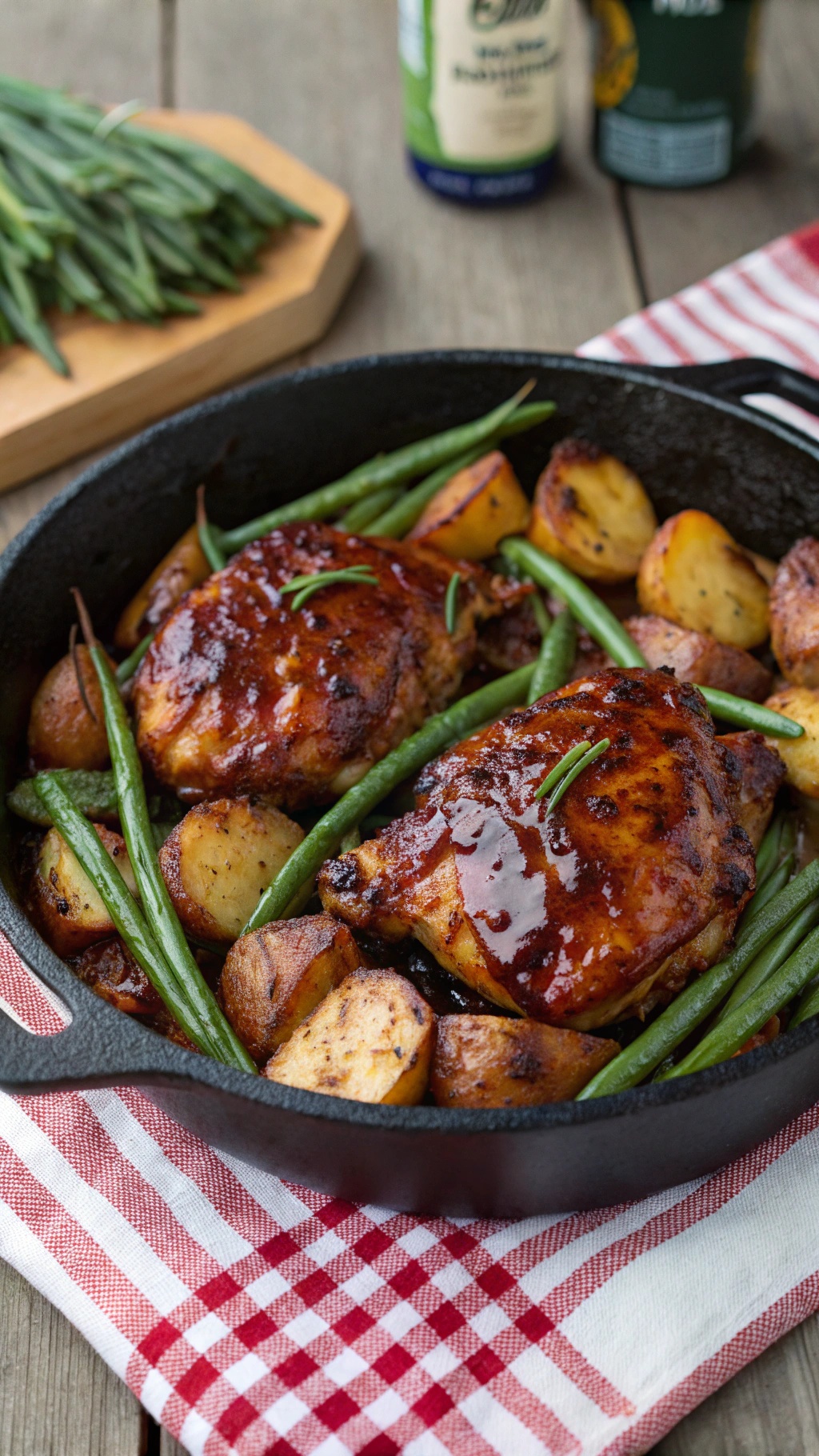 A cast iron skillet with BBQ chicken thighs, roasted potatoes, and green beans on a red and white checkered cloth.
