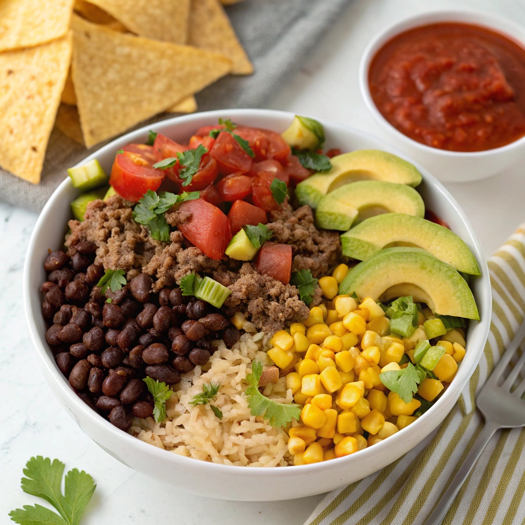 A colorful beef burrito bowl with ground beef, black beans, corn, diced tomatoes, rice, avocado, and cilantro.