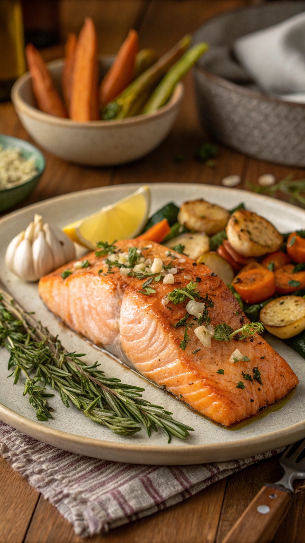 A plate of garlic herb salmon with roasted vegetables and lemon slices.