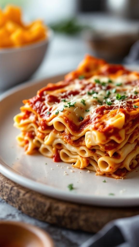 A plate of one-pan lasagna with layers of pasta, sauce, and cheese, garnished with parsley.