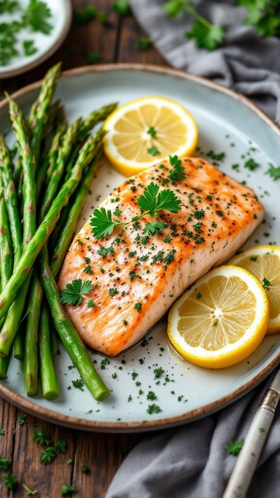 A plate of lemon garlic salmon with asparagus and lemon slices, garnished with parsley.