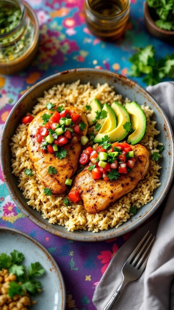 A bowl of one-pan salsa chicken with rice, topped with fresh salsa and avocado slices.