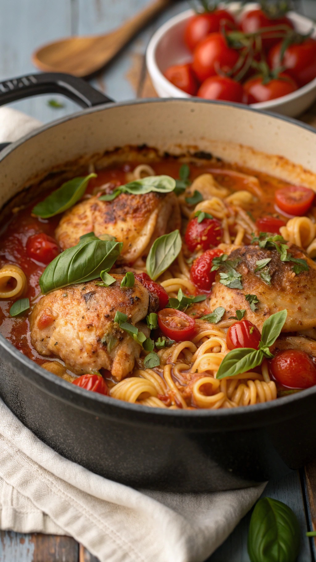 A pot of Easy One-Pot Italian Chicken with pasta, cherry tomatoes, and fresh basil.