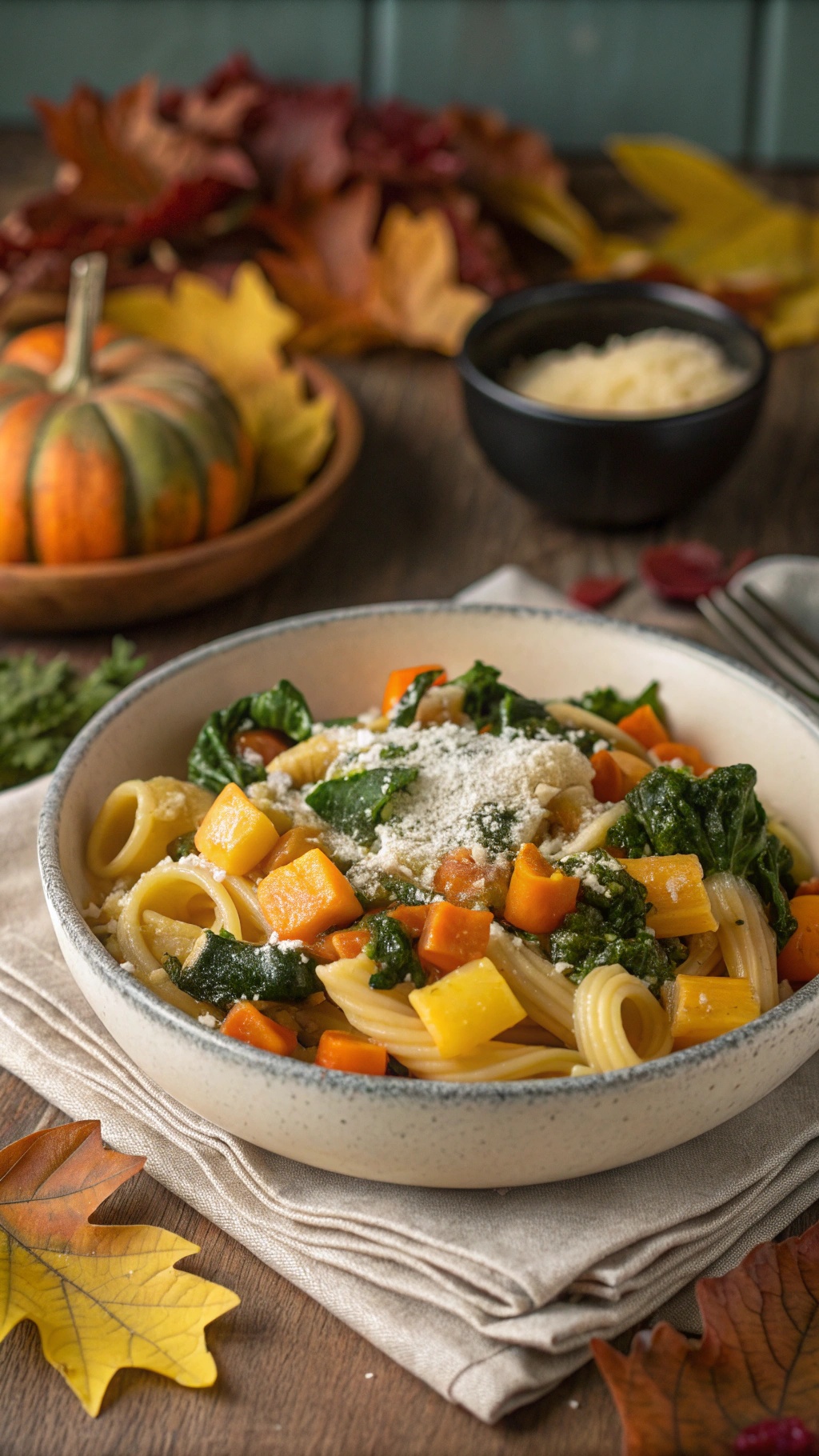 A bowl of one-pot pasta with butternut squash and kale, surrounded by autumn leaves and a small pumpkin.