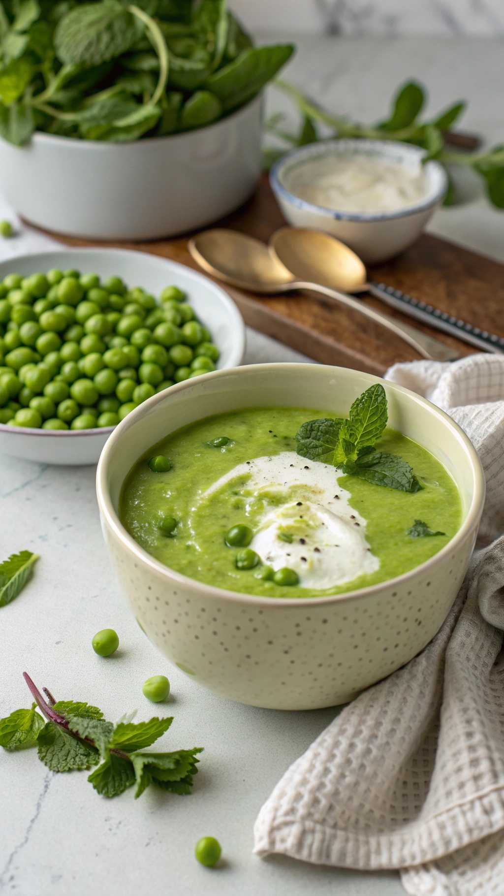 A bowl of creamy pea soup garnished with yogurt and mint leaves, with fresh peas and spinach in the background.