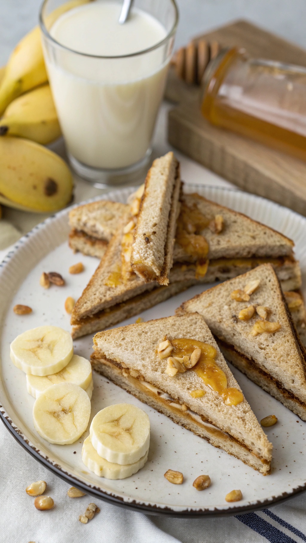 Peanut butter banana sandwiches on a plate with banana slices and peanuts