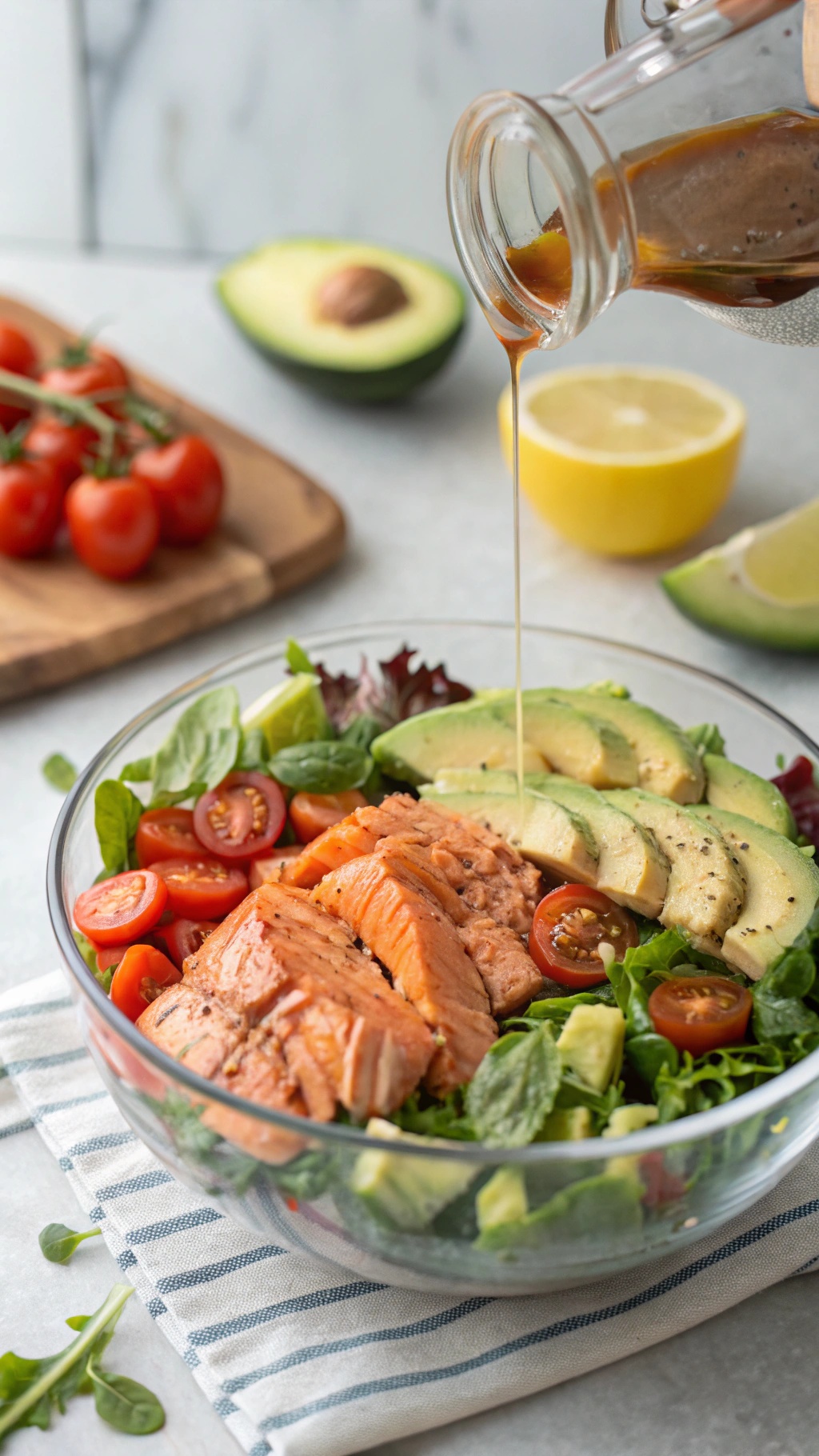 A colorful salmon salad with avocado, cherry tomatoes, and greens, drizzled with dressing.