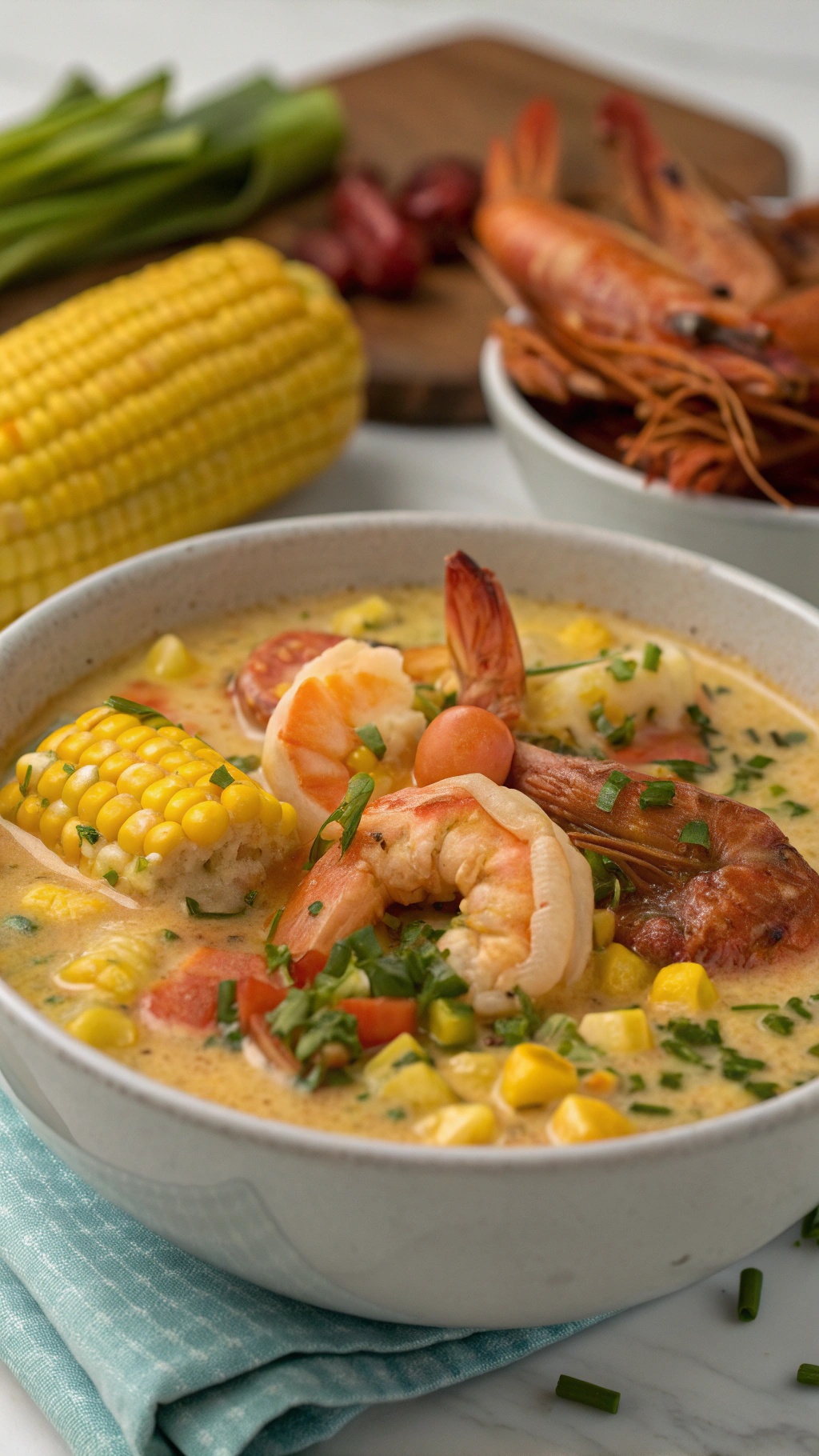 A bowl of shrimp and corn chowder with corn on the cob and fresh shrimp in the background.