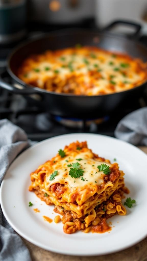 A delicious skillet lasagna served on a plate, showcasing layers of pasta, meat sauce, and melted cheese.