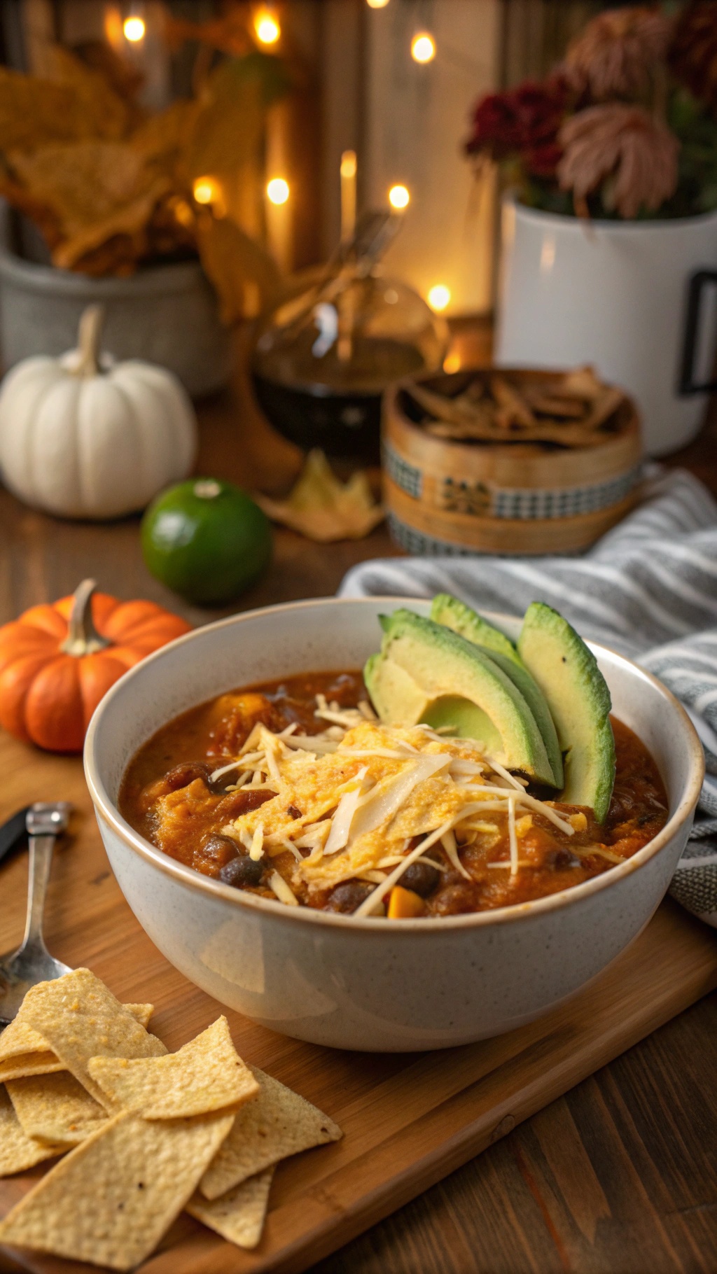 A cozy bowl of taco soup garnished with avocado and cheese, served with tortilla chips.