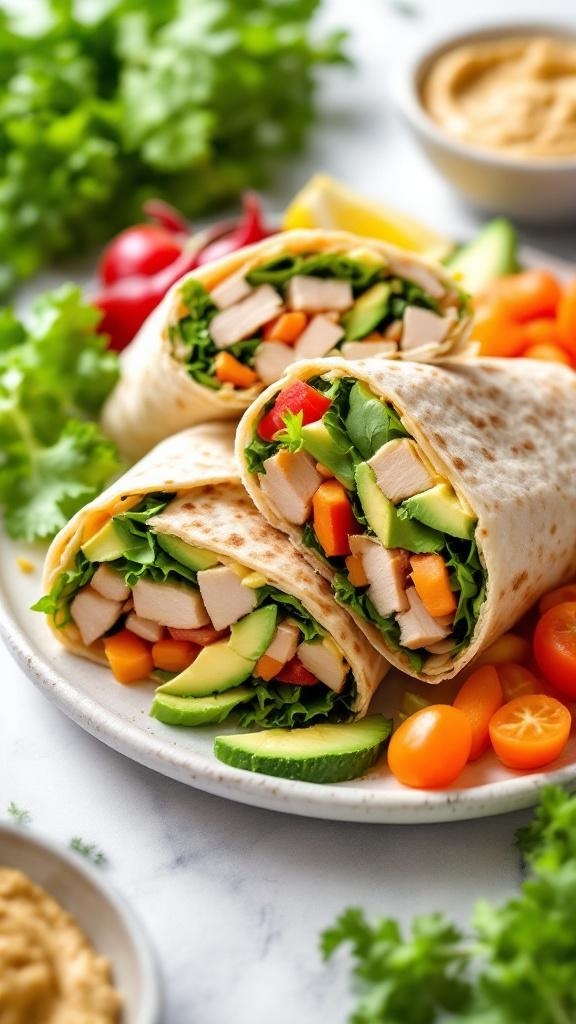 Turkey and avocado wraps with fresh vegetables