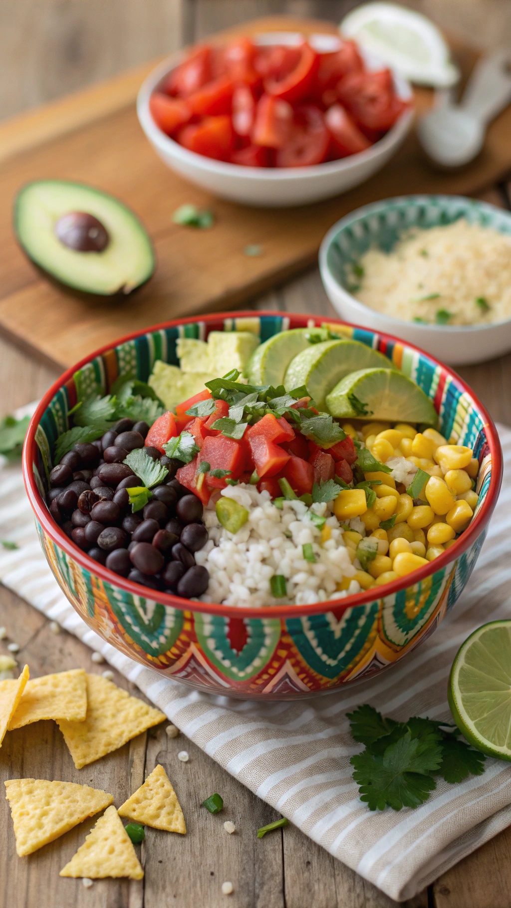 A colorful vegan burrito bowl with rice, black beans, corn, tomatoes, avocado, and lime.