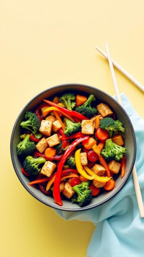 A colorful vegan stir-fry with tofu, broccoli, bell peppers, carrots, and cherry tomatoes in a bowl.