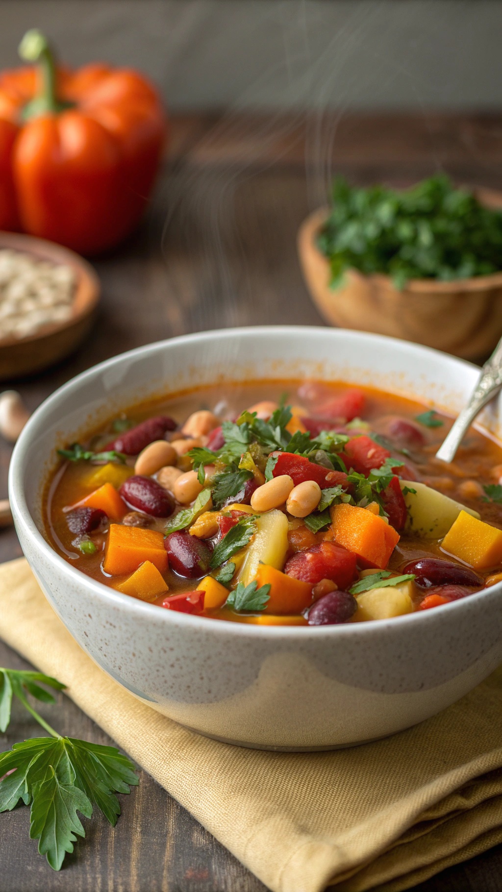 A bowl of vegetable and bean soup with colorful vegetables and herbs