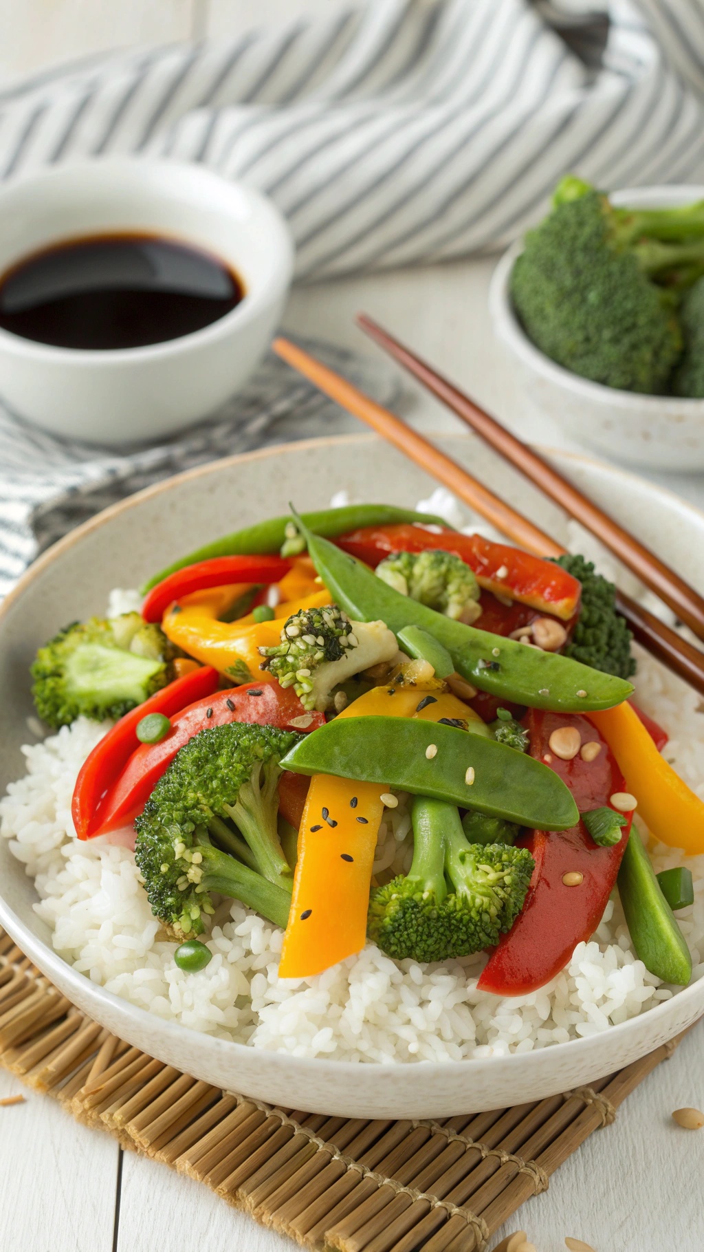 A colorful vegetable stir-fry with rice, featuring broccoli, bell peppers, and snap peas.