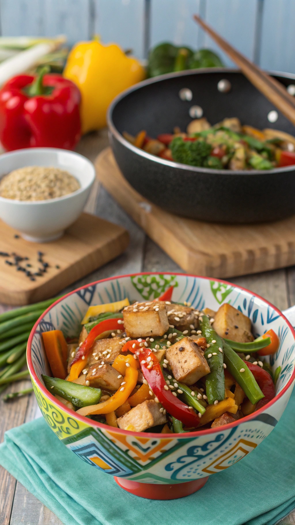 A colorful bowl of vegetable stir-fry with tofu, featuring bell peppers, green beans, and broccoli, garnished with sesame seeds.