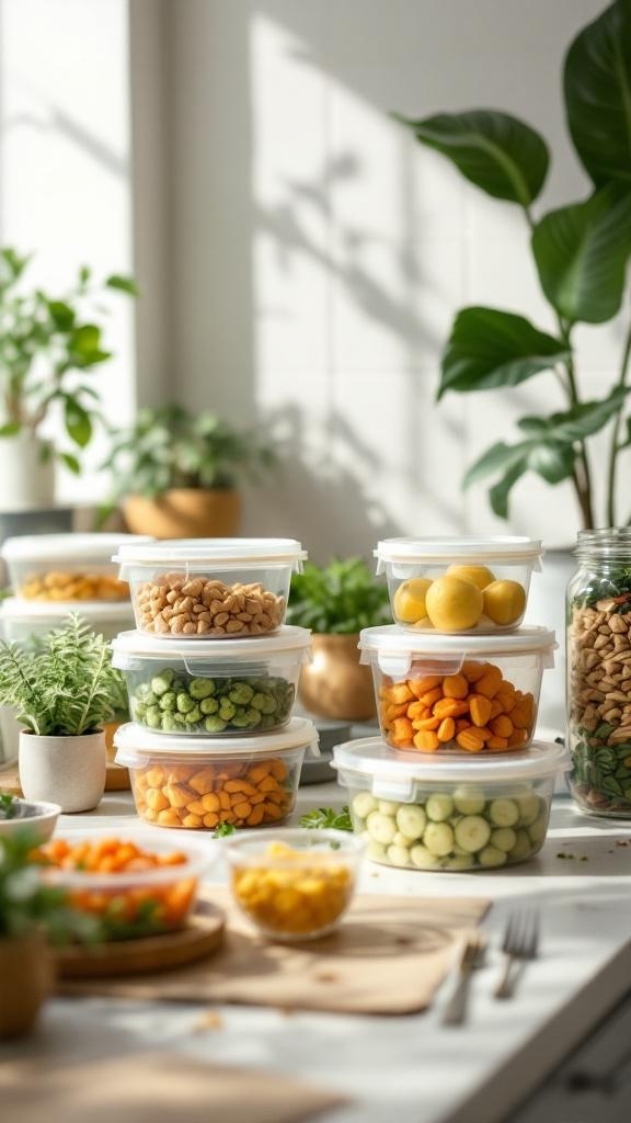 A variety of eco-friendly meal prep containers filled with colorful fruits, vegetables, and nuts, arranged on a table with plants in the background.