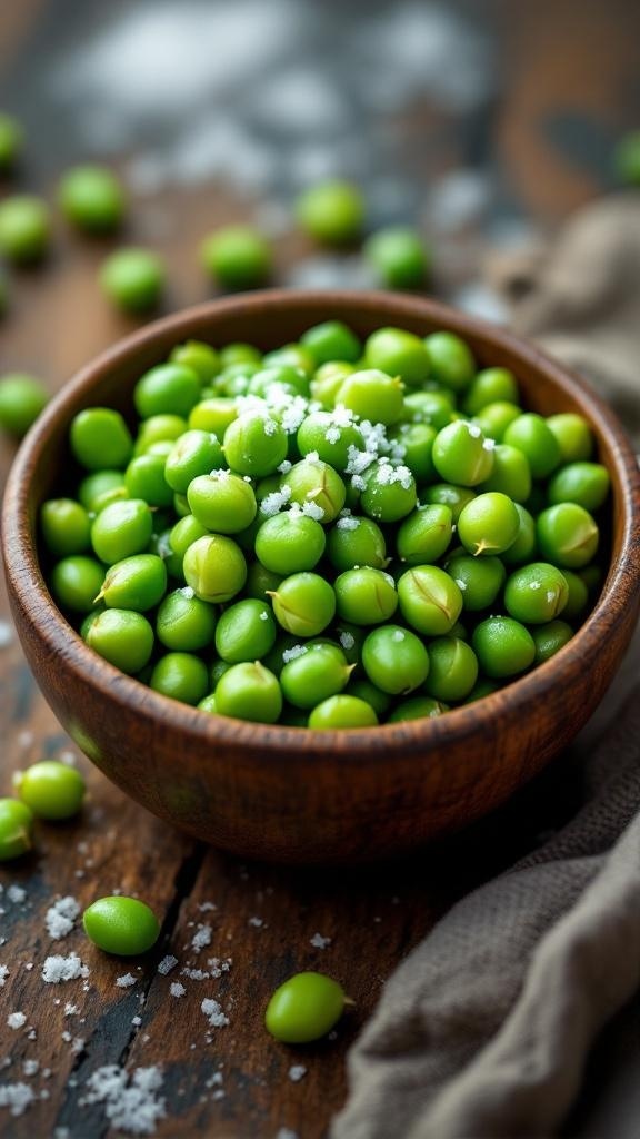 A wooden bowl filled with bright green edamame sprinkled with sea salt on a rustic wooden surface.