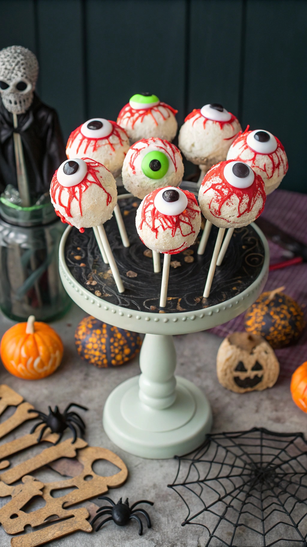 Eerie Eyeball Cake Pops decorated with red drizzle and candy eyeballs