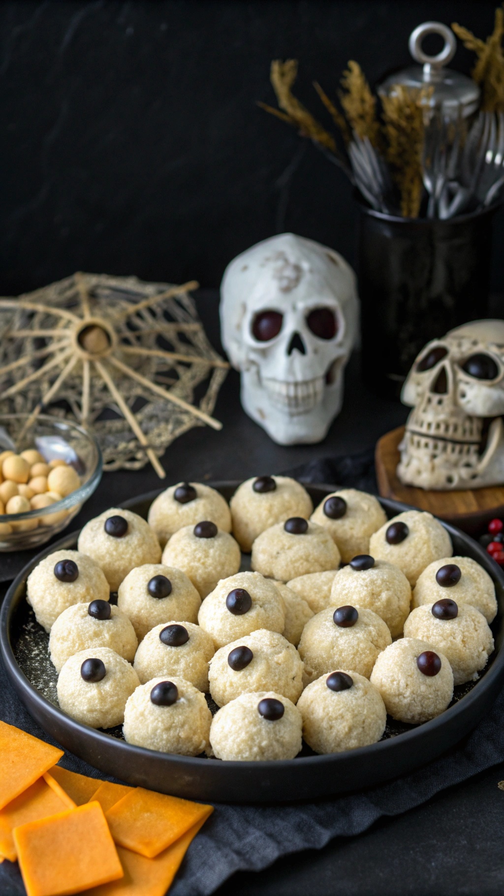 A platter of eerie eyeball cheese balls decorated with chocolate-covered raisins and surrounded by cheddar cheese slices.