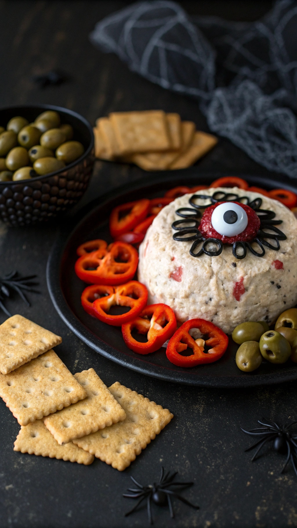 A spooky cheese ball shaped like an eyeball, surrounded by red pepper slices, olives, and crackers.
