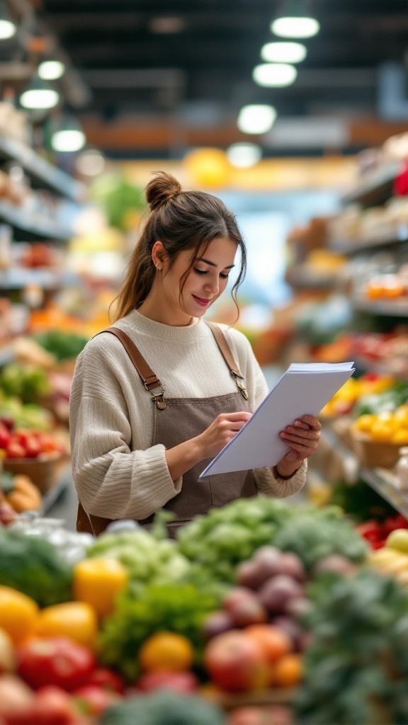 A woman shopping for groceries, looking at a list in a store filled with fresh produce.