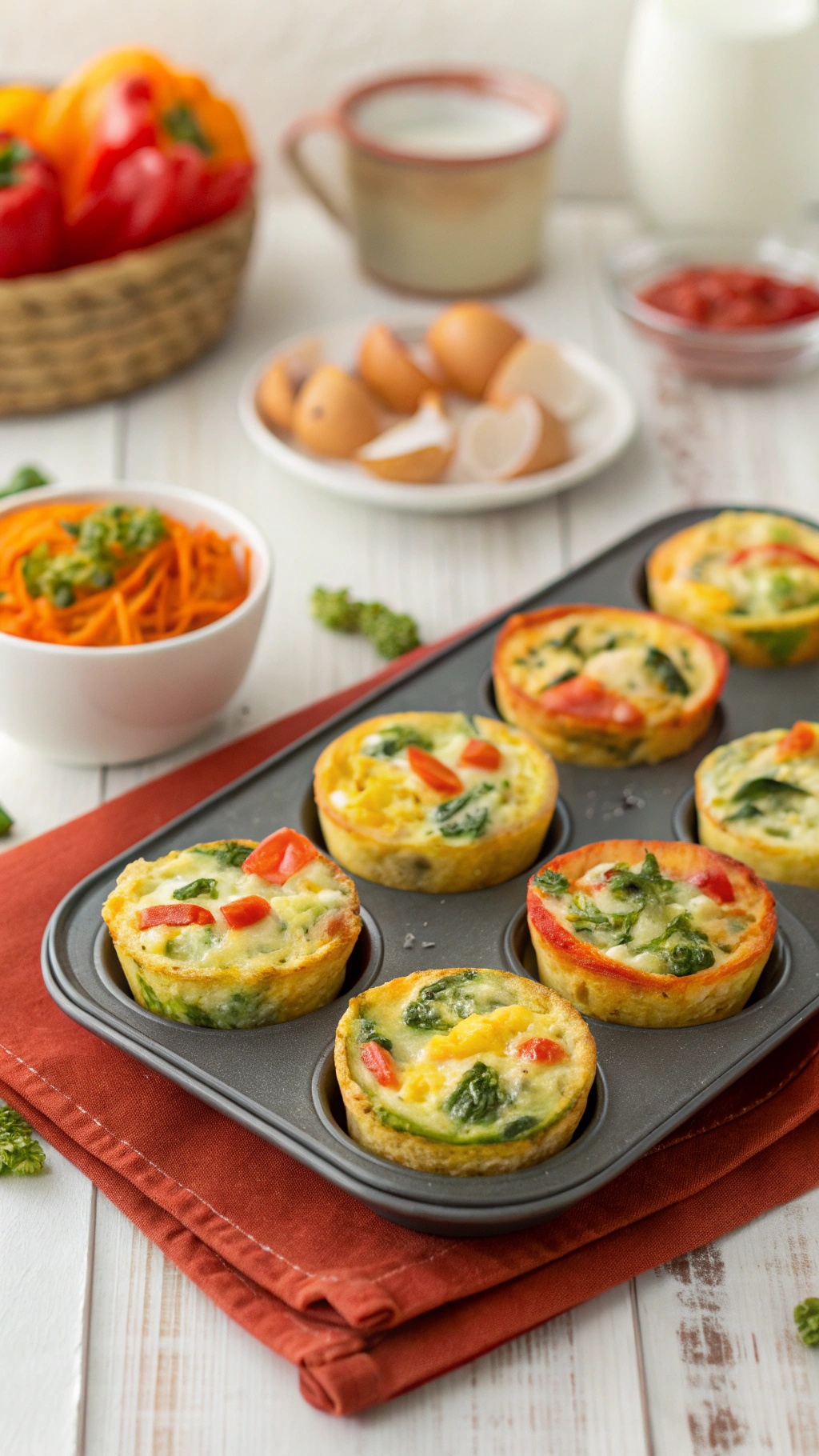 A tray of colorful egg and vegetable muffins with a side of fresh ingredients.