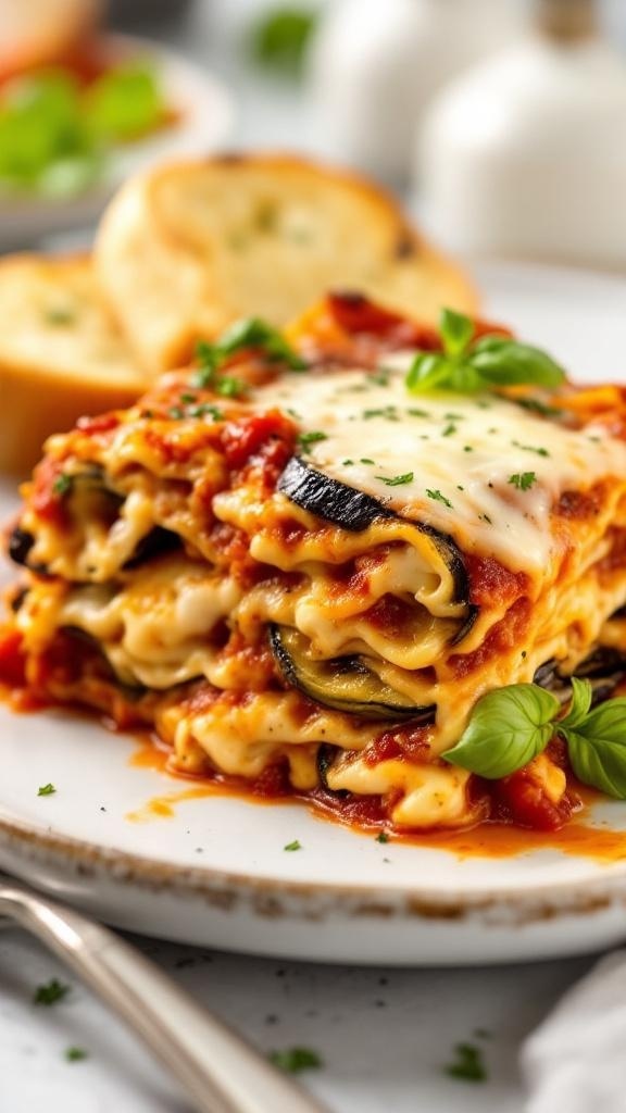 A slice of eggplant parmesan lasagna topped with cheese and basil on a plate.