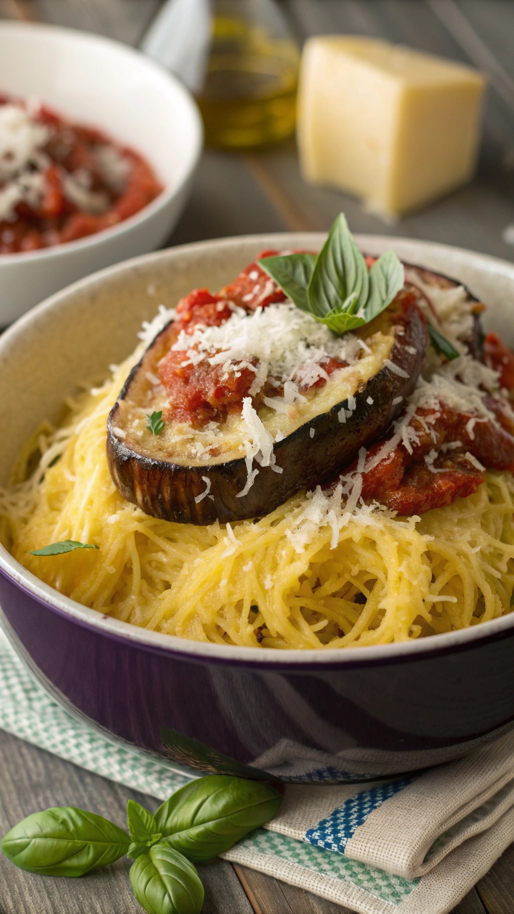 A bowl of spaghetti squash topped with eggplant parmesan, marinara sauce, and cheese, garnished with basil.