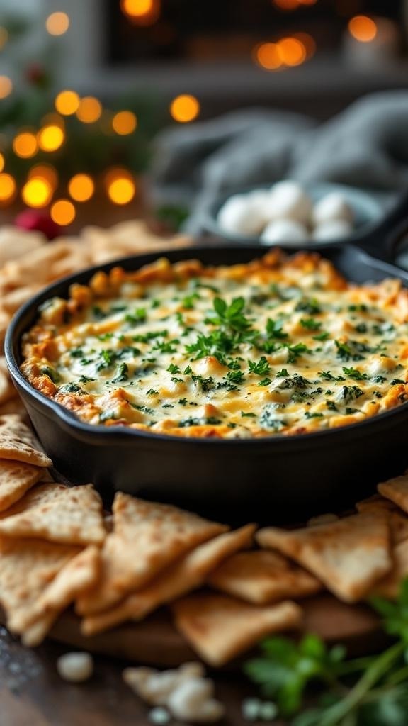 A warm vegan spinach and artichoke dip in a black dish, surrounded by crispy crackers, with festive lights in the background.