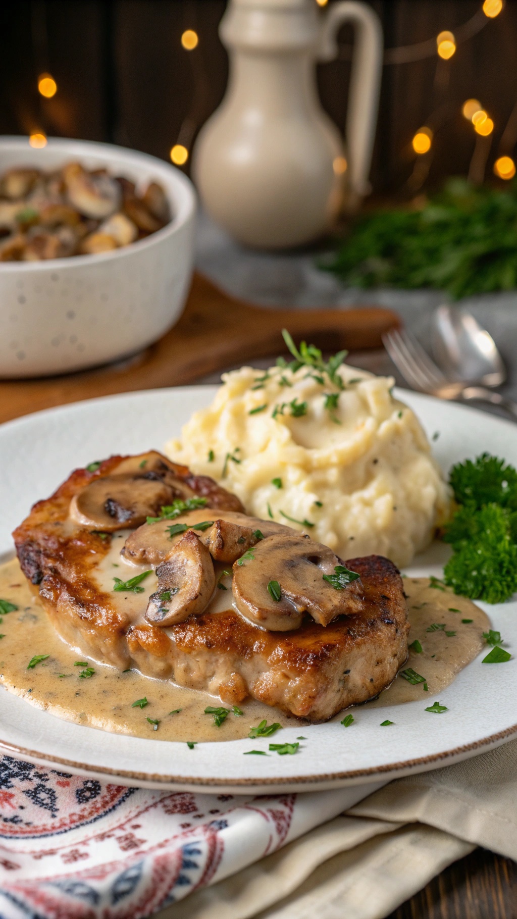 Creamy mushroom sauce pork chops served with mashed potatoes and garnished with parsley.