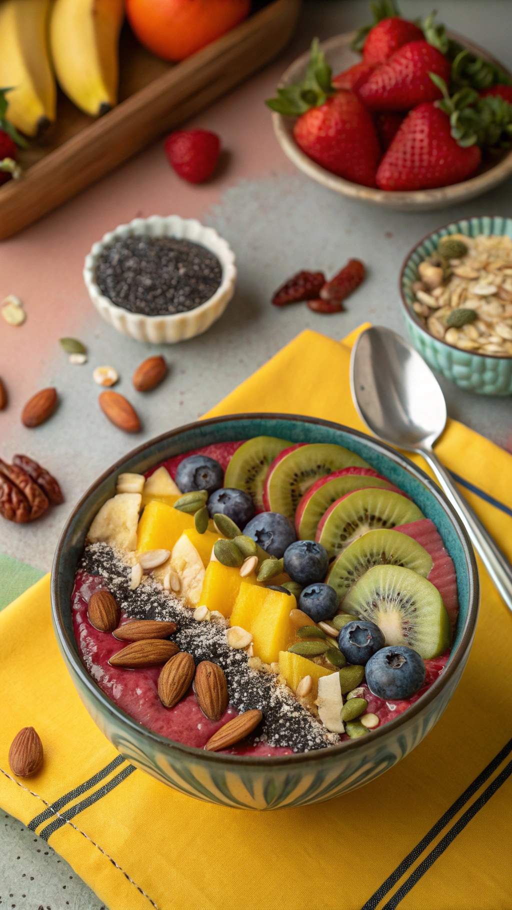 A colorful smoothie bowl topped with kiwi, banana, mango, blueberries, chia seeds, and nuts.
