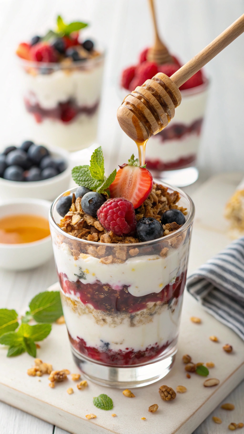 A delicious Greek yogurt parfait with layers of yogurt, mixed berries, and granola, topped with honey and mint.