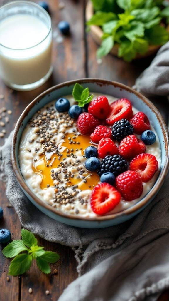 A bowl of overnight oats topped with fresh berries, chia seeds, and honey, with a glass of milk in the background.