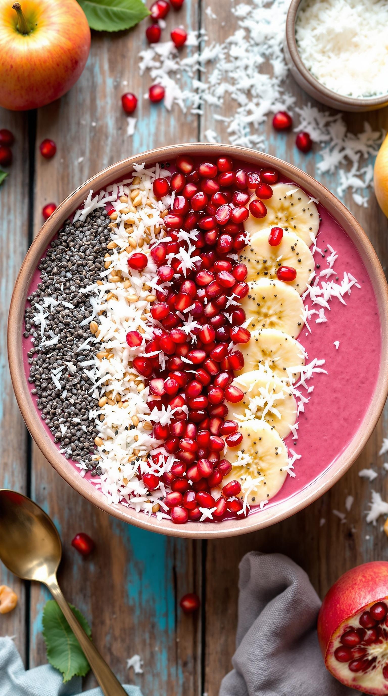 A colorful pomegranate smoothie bowl topped with banana slices, pomegranate seeds, chia seeds, and shredded coconut.