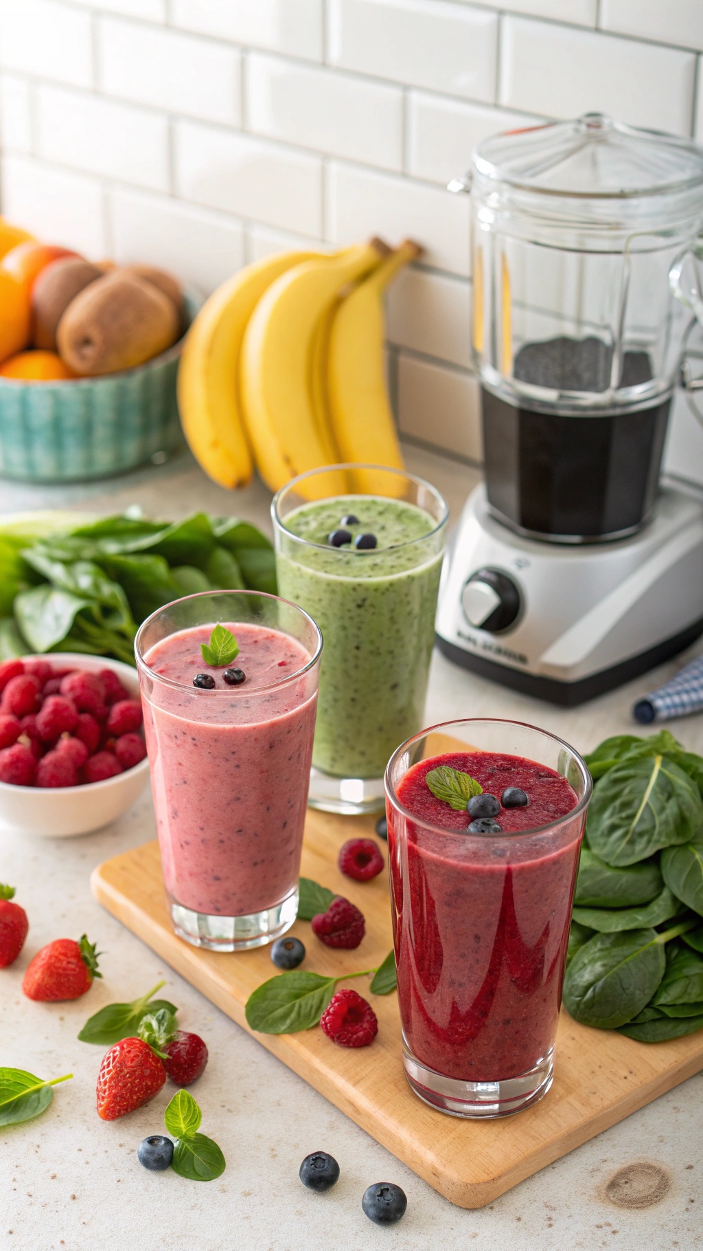 Three colorful smoothies in glasses, with fresh fruits and greens in the background.