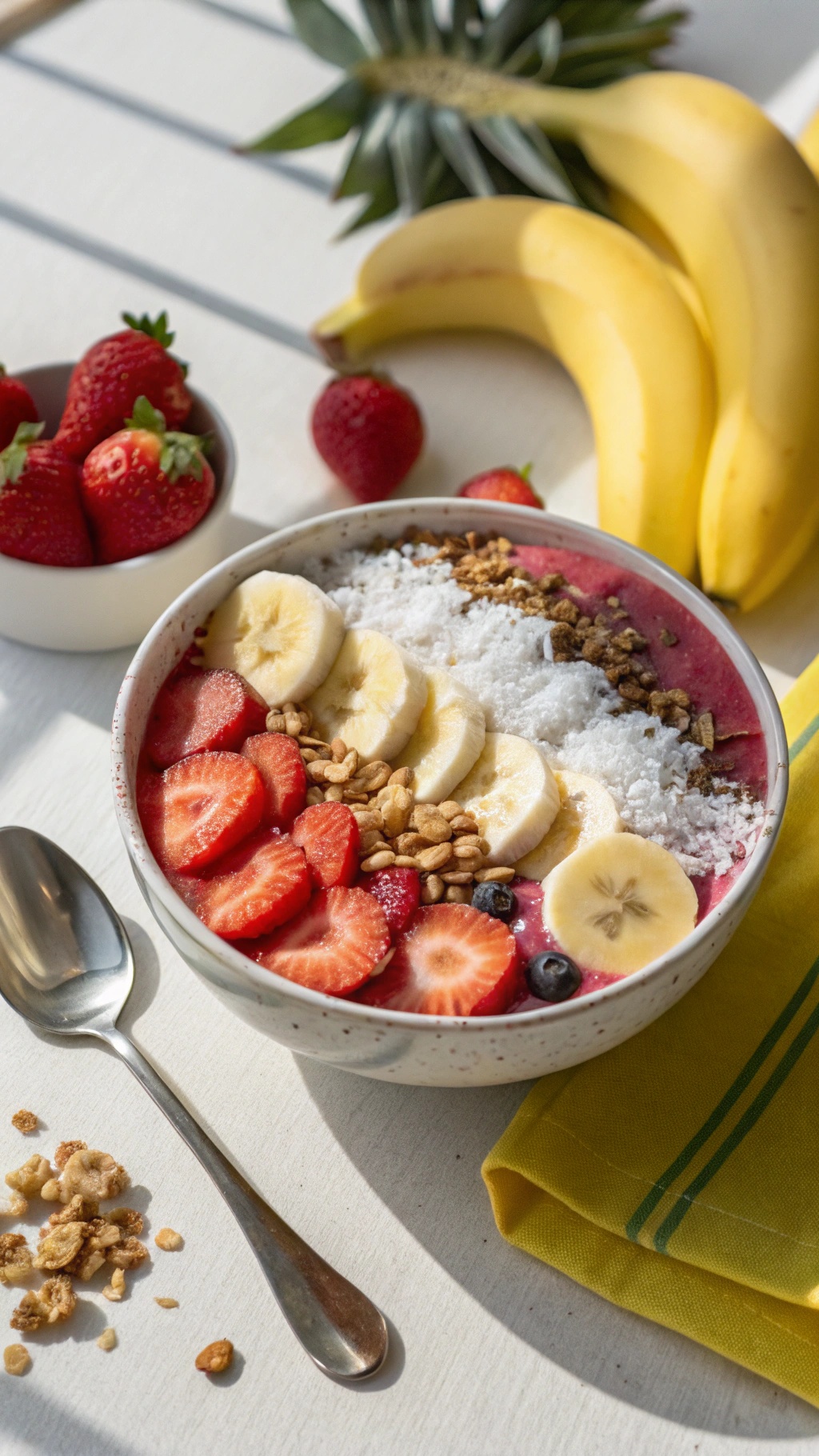 A colorful smoothie bowl topped with sliced bananas, strawberries, granola, and coconut flakes.