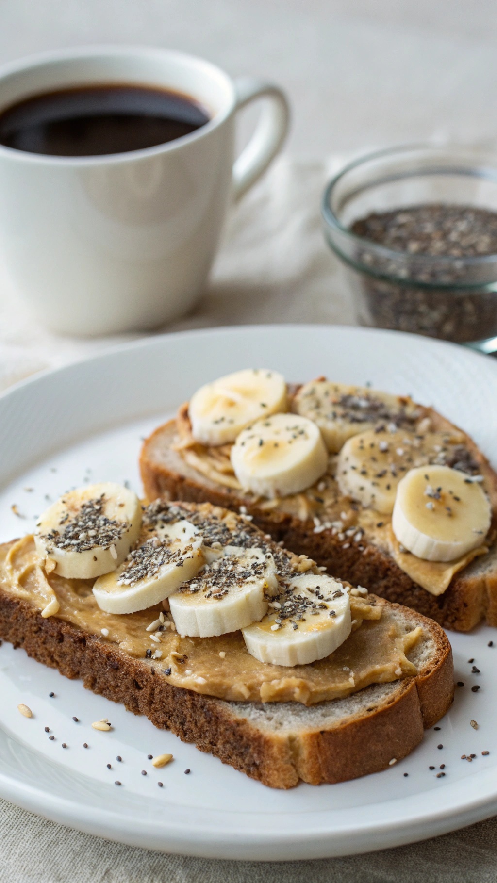 Almond butter banana toast on a plate with coffee