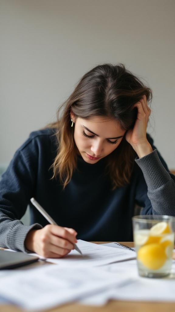 A young woman writing notes with a glass of lemon water beside her.