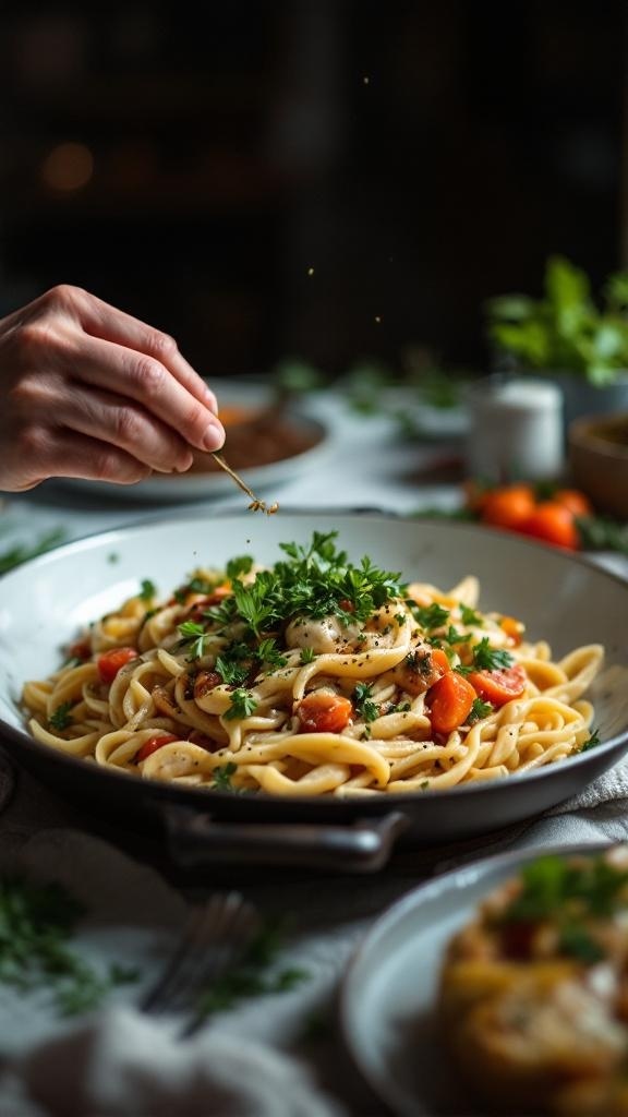 A plate of pasta garnished with fresh herbs, showcasing a hand adding seasoning.
