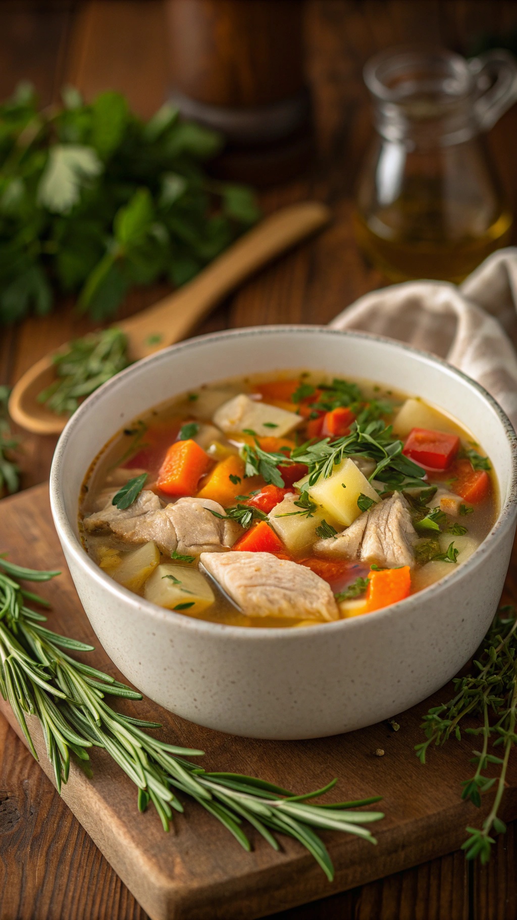 A bowl of chicken and vegetable soup with colorful vegetables and herbs