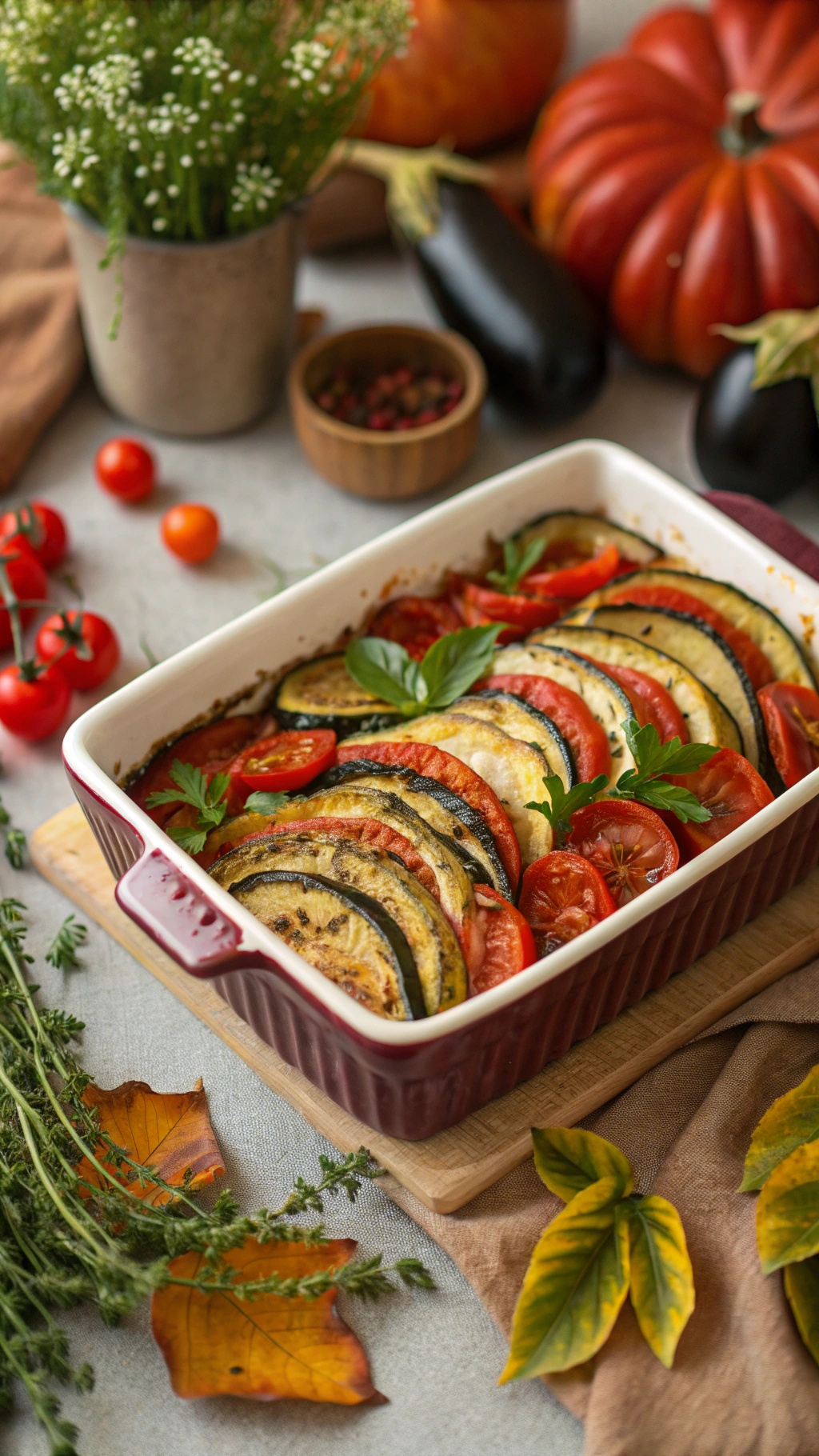A beautifully arranged Ratatouille Bake with layers of zucchini, eggplant, and tomatoes, garnished with fresh herbs.